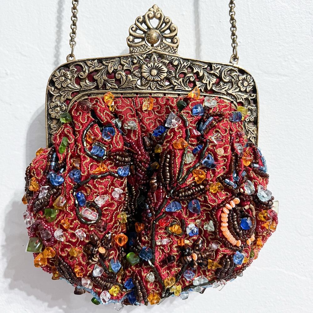 Vintage Bag Satin Beaded Sequin Evening Purse Gold Red Boho Artsy Chain